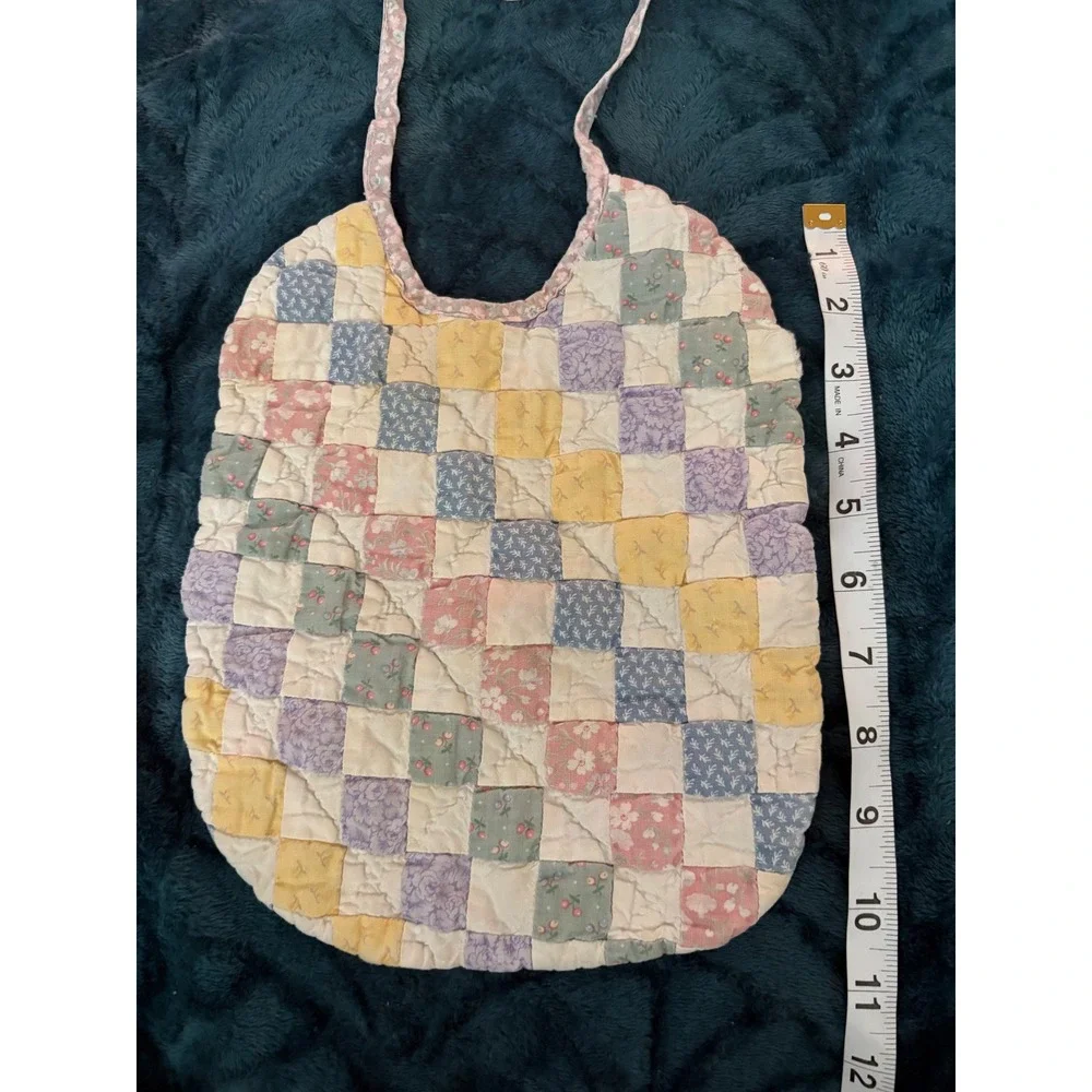 Vintage Handmade Quilted Patchwork Baby Bib Pastel Floral Multi Color Tie Neck